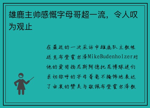 雄鹿主帅感慨字母哥超一流，令人叹为观止