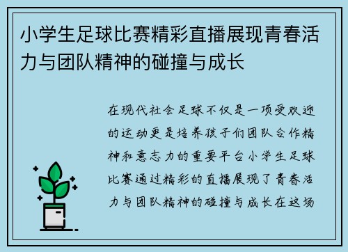 小学生足球比赛精彩直播展现青春活力与团队精神的碰撞与成长